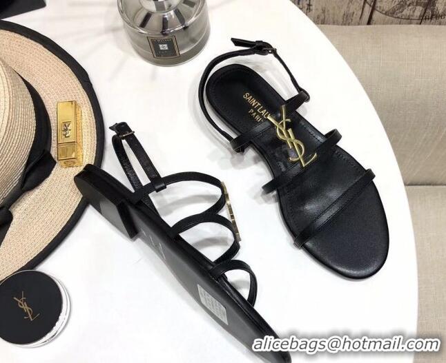 Good Product Saint Laurent YSL Calfskin Flat Sandals 070986 Black 2021