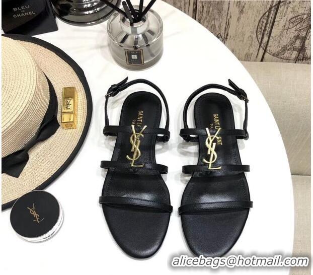 Good Product Saint Laurent YSL Calfskin Flat Sandals 070986 Black 2021