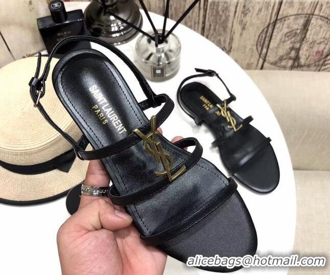 Good Product Saint Laurent YSL Calfskin Flat Sandals 070986 Black 2021