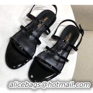 Low Cost Saint Laurent YSL Patent Leather Flat Sandals 070987 Black 2021