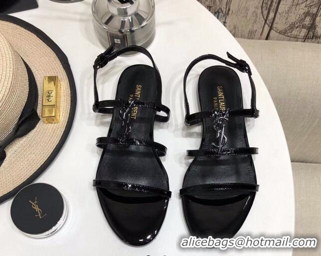 Low Cost Saint Laurent YSL Patent Leather Flat Sandals 070987 Black 2021