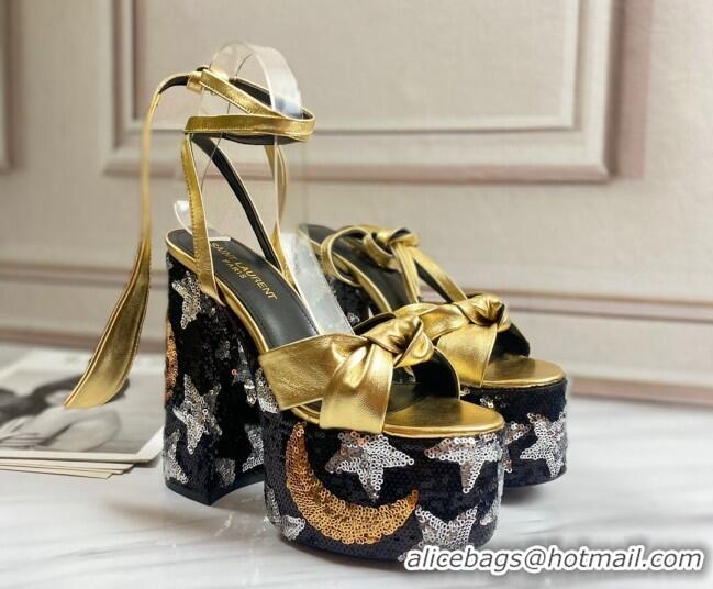 Best Price Saint Laurent Sequins High Heel Lambskin Sandals 724058 Gold 2021