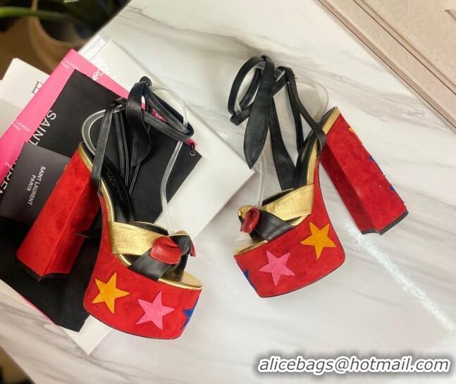 New Design Saint Laurent High Heel Lambskin & Suede Sandals 724069 Red/Gold 2021