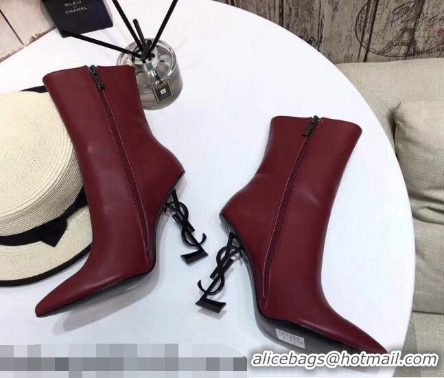 Perfect Saint Laurent Calf Leather High YSL-Heel Ankle Boots 11CM 093048 Burgundy