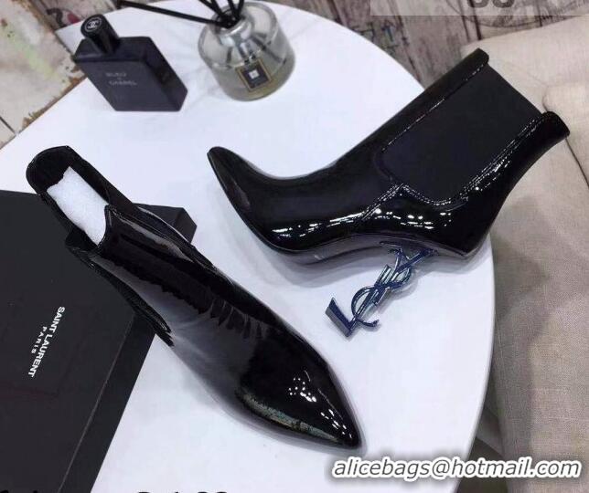 Elegant Saint Laurent Patent Leather High YSL-Heel Ankle Boots 11CM Balck/Blue 093057