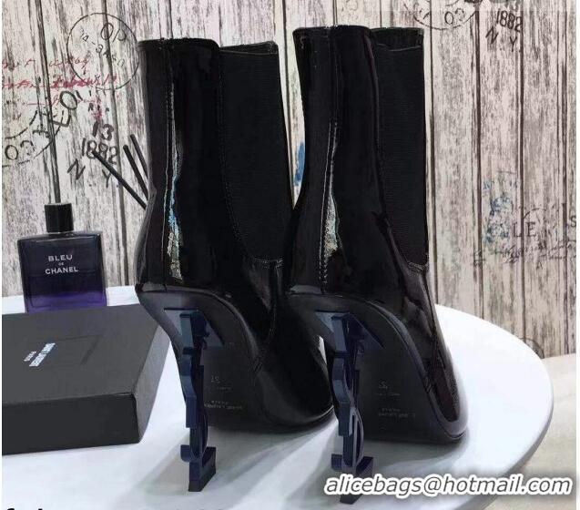 Elegant Saint Laurent Patent Leather High YSL-Heel Ankle Boots 11CM Balck/Blue 093057