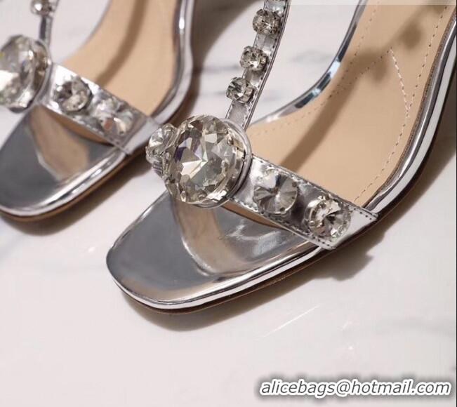 Cheap Miu Miu Patent Calfskin Sandals With Crystal 6.5Cm Heel Silver 042516