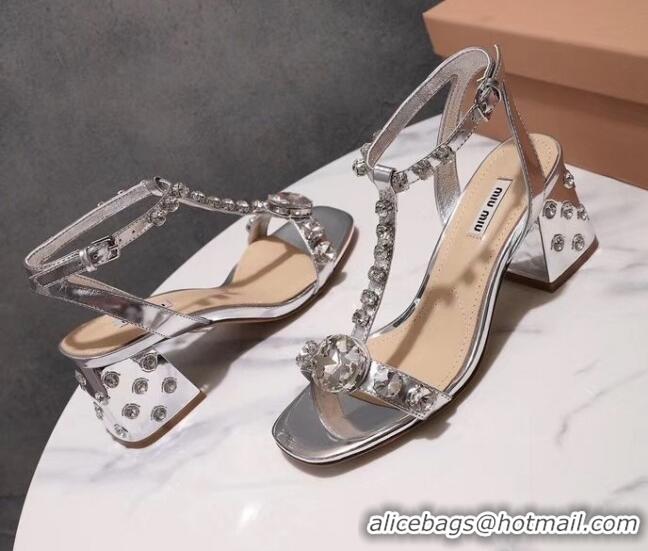 Cheap Miu Miu Patent Calfskin Sandals With Crystal 6.5Cm Heel Silver 042516