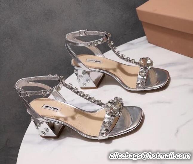 Cheap Miu Miu Patent Calfskin Sandals With Crystal 6.5Cm Heel Silver 042516