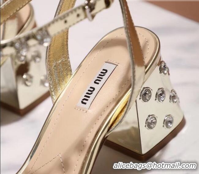 Cheap Design Miu Miu Patent Calfskin Sandals With Crystal 6.5Cm Heel 042516 Gold