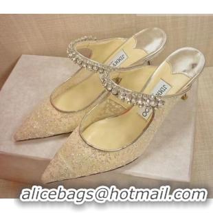 Charming Jimmy Choo Crystal Allover Mesh Heel Mules 6.5/8.5cm Apricot 81209