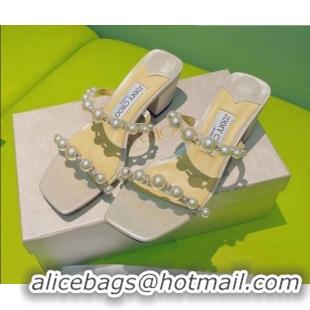 Super Quality Jimmy Choo Leather Pearl Heel Slide Sandals 4.5cm Silver 081211