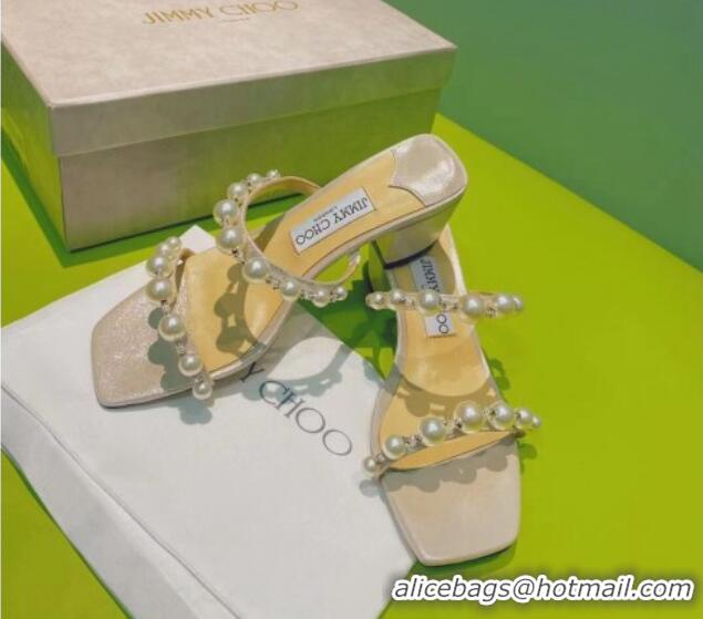 Super Quality Jimmy Choo Leather Pearl Heel Slide Sandals 4.5cm Silver 081211