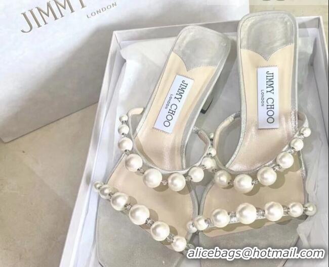 Super Quality Jimmy Choo Leather Pearl Heel Slide Sandals 4.5cm Silver 081211