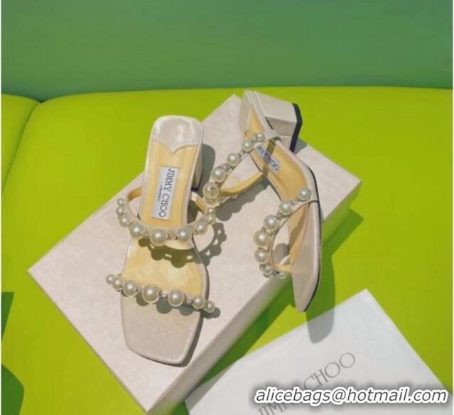 Super Quality Jimmy Choo Leather Pearl Heel Slide Sandals 4.5cm Silver 081211