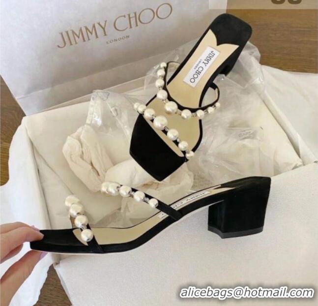 Best Luxury Jimmy Choo Suede Pearl Heel Slide Sandals 4.5cm 081211 Black