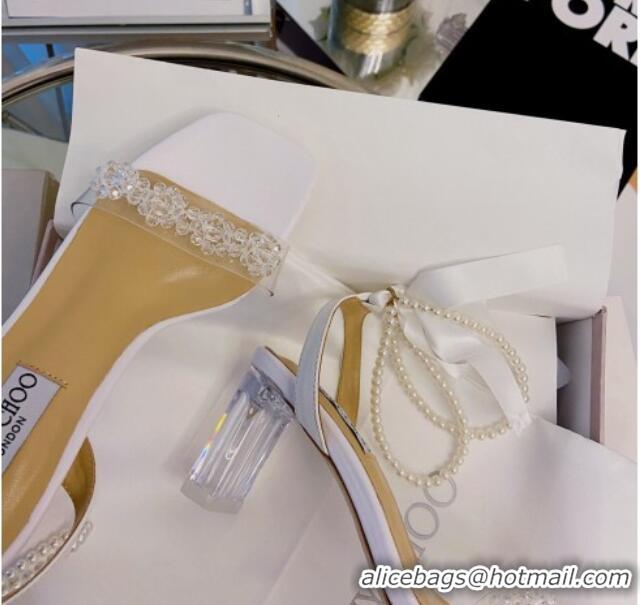 Good Quality Jimmy Choo Crystal Sandals with Pearl and Silk Strap 6.5cm 082019 White