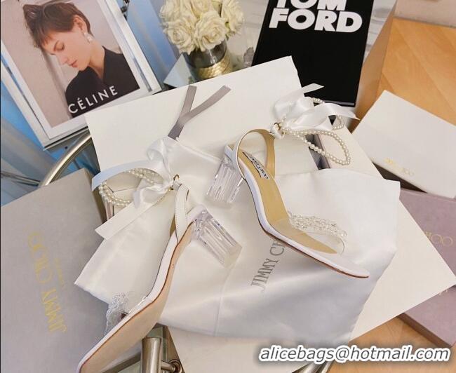 Good Quality Jimmy Choo Crystal Sandals with Pearl and Silk Strap 6.5cm 082019 White