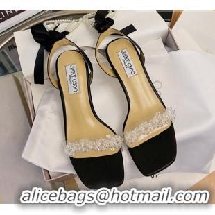 Good Quality Jimmy Choo Crystal Sandals with Pearl and Silk Strap 6.5cm 082019 Black