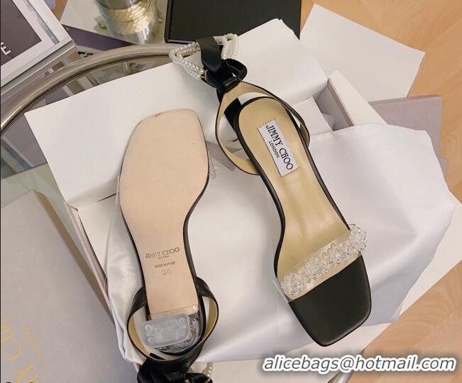 Good Quality Jimmy Choo Crystal Sandals with Pearl and Silk Strap 6.5cm 082019 Black