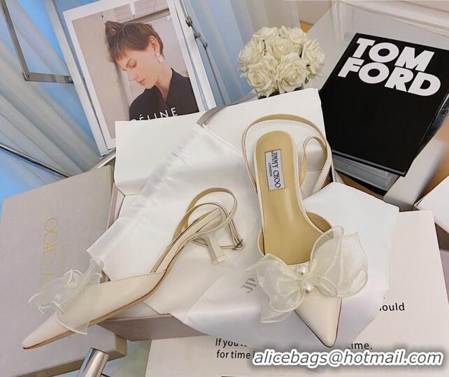 Classic Practical Jimmy Choo Lambskin Pearl Bow Sandals 4.5cm 082024 Cream White 2021