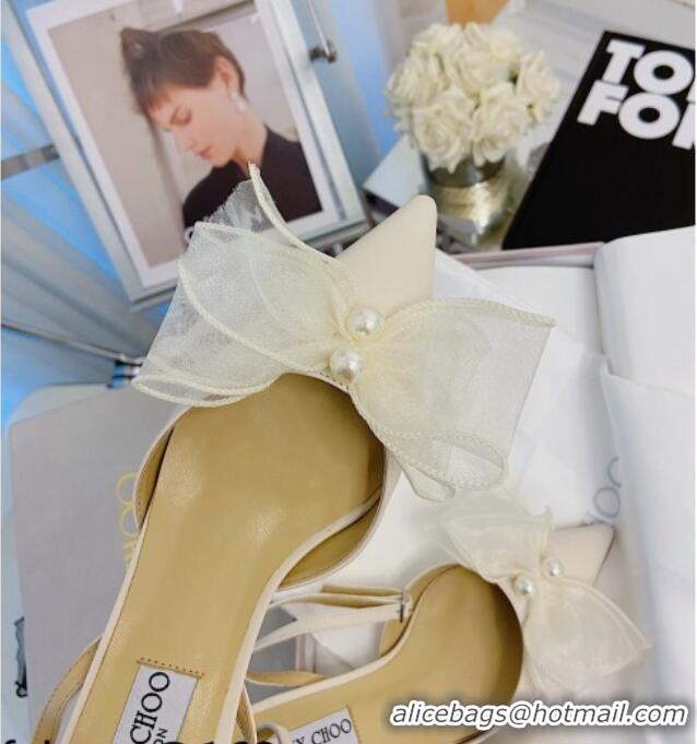 Classic Practical Jimmy Choo Lambskin Pearl Bow Sandals 4.5cm 082024 Cream White 2021