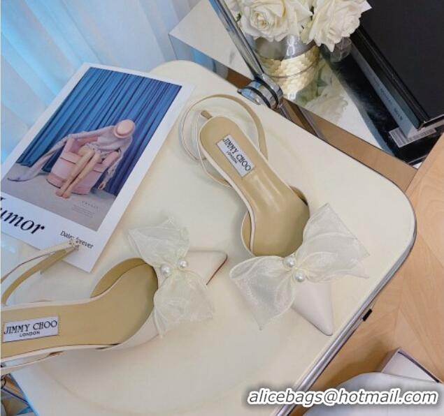 Classic Practical Jimmy Choo Lambskin Pearl Bow Sandals 4.5cm 082024 Cream White 2021