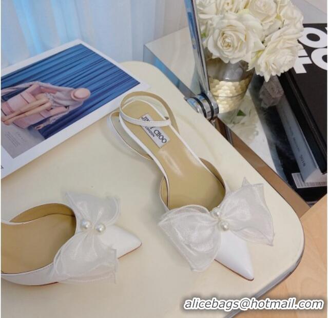 Low Price Jimmy Choo Lambskin Pearl Bow Sandals 4.5cm 082024 Off White