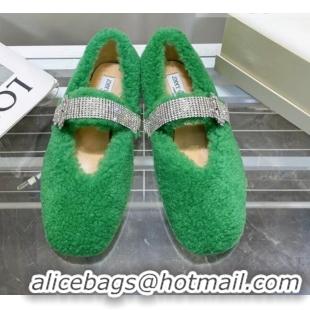 Grade Quality Jimmy Choo Shearling Ballerinas with Crystal Band 092751 Green