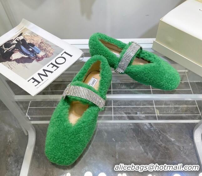 Grade Quality Jimmy Choo Shearling Ballerinas with Crystal Band 092751 Green