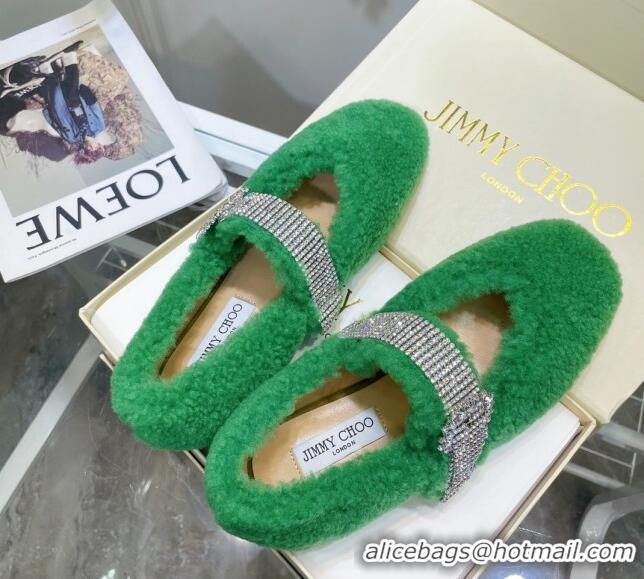 Grade Quality Jimmy Choo Shearling Ballerinas with Crystal Band 092751 Green