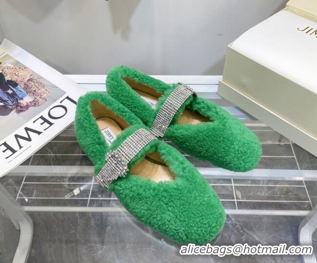 Grade Quality Jimmy Choo Shearling Ballerinas with Crystal Band 092751 Green