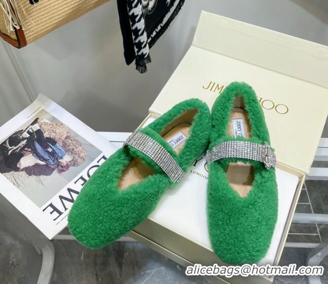 Grade Quality Jimmy Choo Shearling Ballerinas with Crystal Band 092751 Green