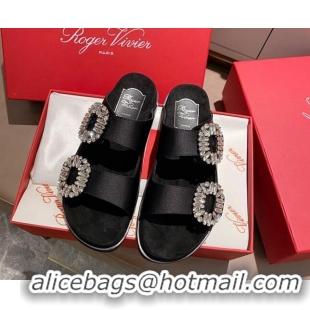 Good Quality Roger Vivier Double Buckle Silk Flat Slide Sandals 071361 Black 2021