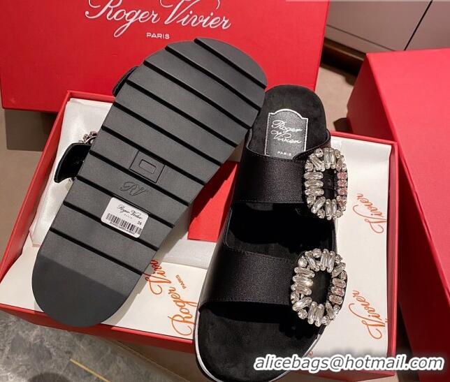 Good Quality Roger Vivier Double Buckle Silk Flat Slide Sandals 071361 Black 2021