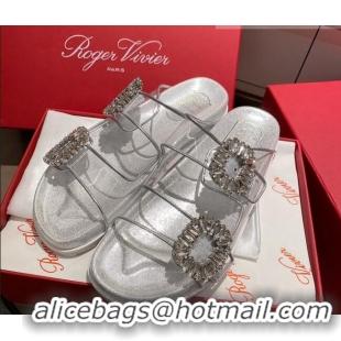 Top Quality Roger Vivier Double Buckle Transparent Flat Slide Sandals 071357 White