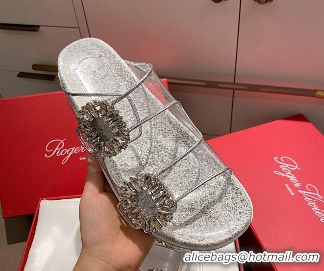 Top Quality Roger Vivier Double Buckle Transparent Flat Slide Sandals 071357 White