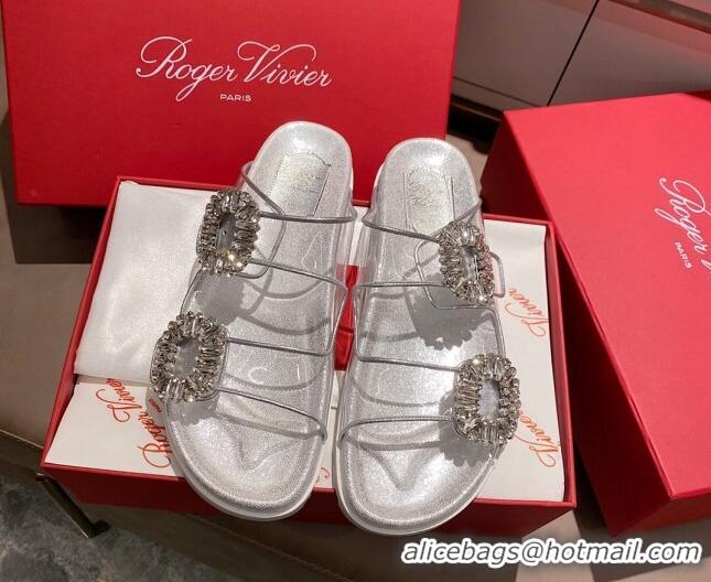 Top Quality Roger Vivier Double Buckle Transparent Flat Slide Sandals 071357 White