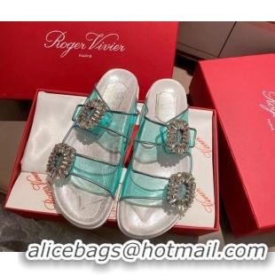 Best Price Roger Vivier Double Buckle Transparent Flat Slide Sandals 071357 Blue