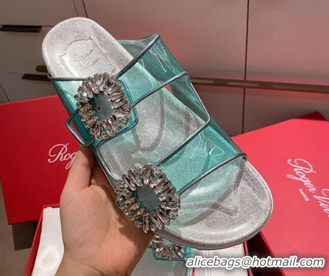 Best Price Roger Vivier Double Buckle Transparent Flat Slide Sandals 071357 Blue