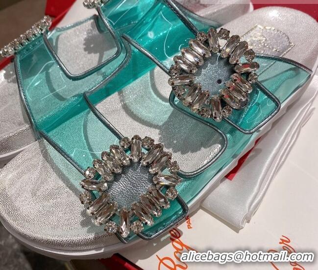 Best Price Roger Vivier Double Buckle Transparent Flat Slide Sandals 071357 Blue