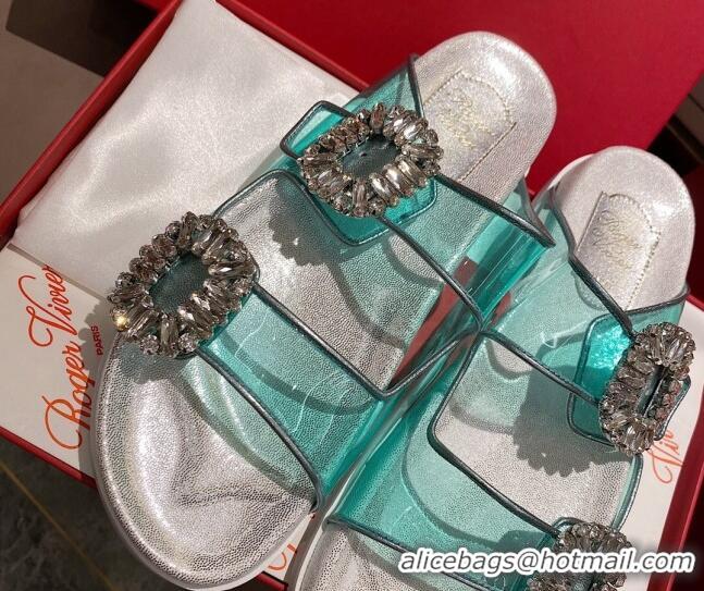 Best Price Roger Vivier Double Buckle Transparent Flat Slide Sandals 071357 Blue