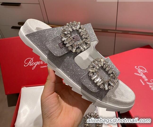 Good Product Roger Vivier Double Buckle Transparent Flat Slide Sandals 071357 Silver