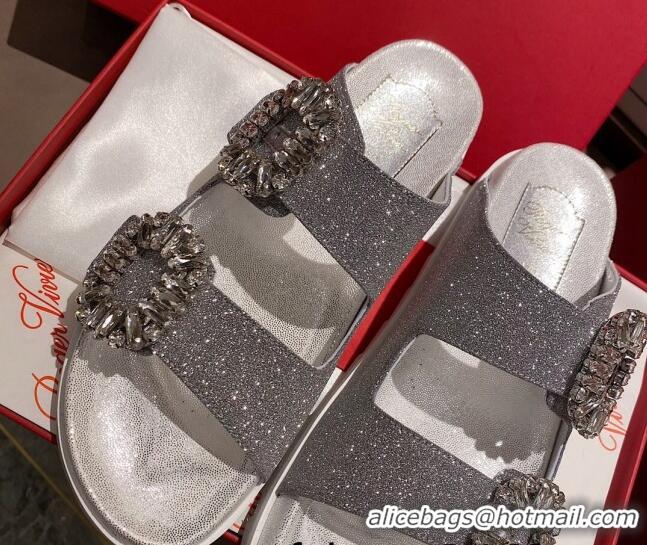 Good Product Roger Vivier Double Buckle Transparent Flat Slide Sandals 071357 Silver