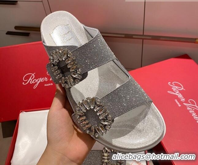 Good Product Roger Vivier Double Buckle Transparent Flat Slide Sandals 071357 Silver