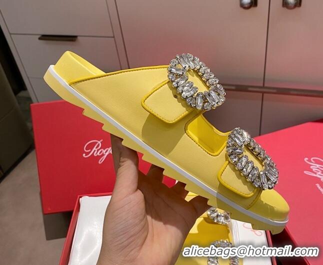  Most Popular Roger Vivier Double Buckle Leather Flat Slide Sandals 071360 Yellow 2021