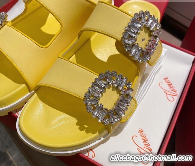  Most Popular Roger Vivier Double Buckle Leather Flat Slide Sandals 071360 Yellow 2021