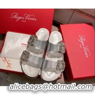 Unique Grade Roger Vivier Double Buckle Leather Flat Slide Sandals 071360 Silver 2021