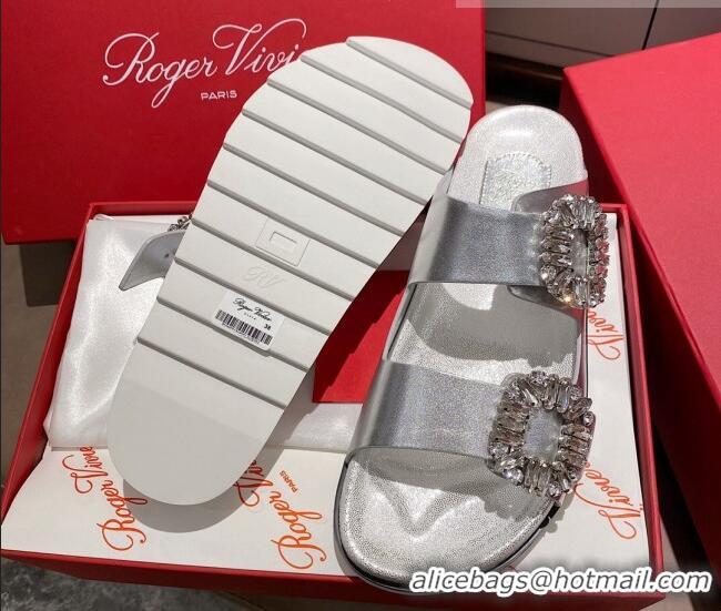 Unique Grade Roger Vivier Double Buckle Leather Flat Slide Sandals 071360 Silver 2021