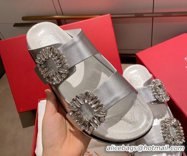 Unique Grade Roger Vivier Double Buckle Leather Flat Slide Sandals 071360 Silver 2021